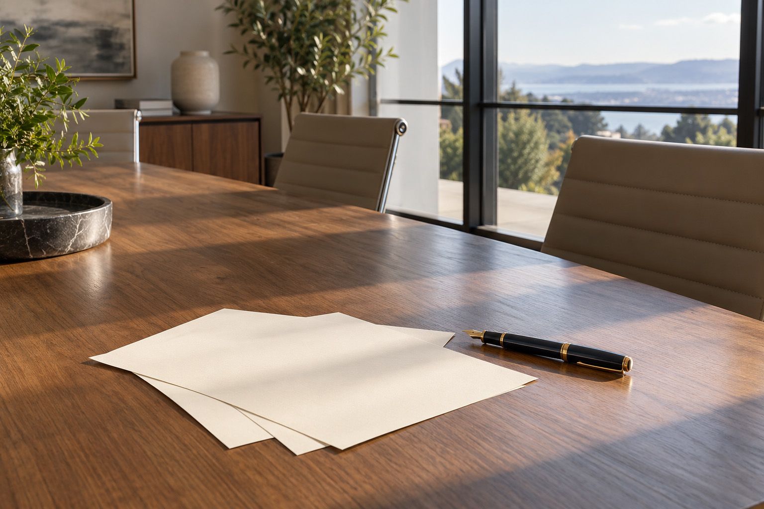 Meeting table with paper and a fountain pen